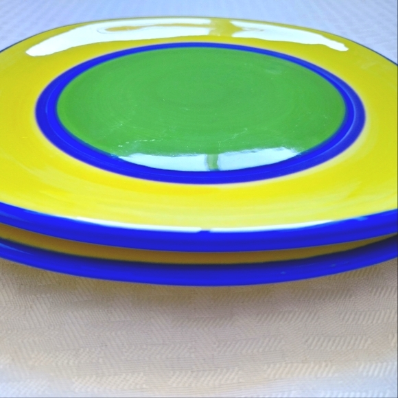 Dansk Caribe Salad Plates Set Of 2 Square Yellow Green with Blue Rim - Picture 3 of 9